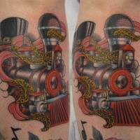 New school style colored leg tattoo of train with leopard ribbon