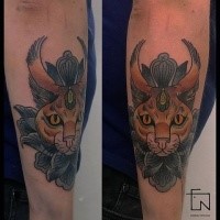 Illustrative style colored arm tattoo of fantasy caracal
