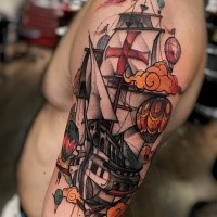 New school style colored shoulder tattoo of vintage ship with balloons