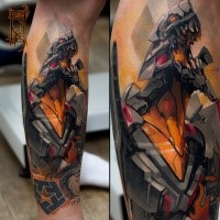Illustrative style colored arm tattoo of evil robot