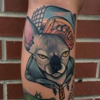 New school style colored leg tattoo of thug cat with lettering