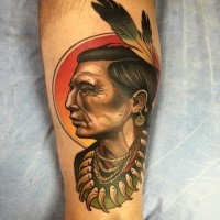 New school style colored leg tattoo of old Indian