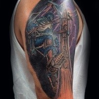 Illustrative style colored shoulder tattoo of lineman with lettering
