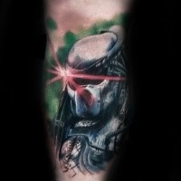 New school style colored leg tattoo of Predator with helmet