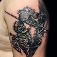 Illustrative style colored shoulder tattoo of lineman skeleton