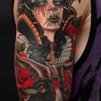 New school style colored shoulder tattoo of demonic woman with goat