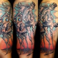 New school style colored arm tattoo of creepy horse with elephant
