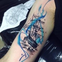 Illustrative style colored arm tattoo of sailing ship with ornaments