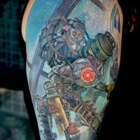 Illustrative style colored shoulder tattoo of fantasy doll with robot
