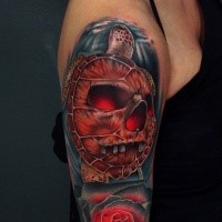 New school style colored shoulder tattoo of big turtle with skull and rose