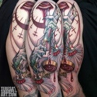 New school style colored shoulder tattoo of creepy which hands with dagger