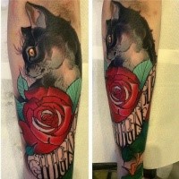 New school style colored forearm tattoo of impressive cat with rose and lettering