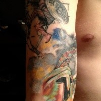 Illustrative style colored shoulder tattoo of ancient warriors helmet