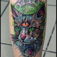 New school style colored leg tattoo of fantasy cat with three eyes