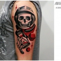 New school style colored shoulder tattoo of space man skeleton with sand clock and planet
