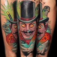 New school style colored arm tattoo of creepy magician with bird