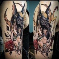 New school style colored shoulder tattoo of Anubis God with rose