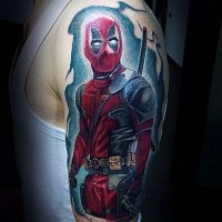 Illustrative style colored shoulder tattoo of detailed Deadpool