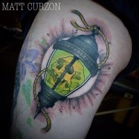 New school style colored shoulder tattoo of old lighter with green skull