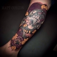 New school style colored arm tattoo of demonic white tiger with flowers