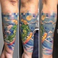 Illustrative style colored arm tattoo of man riding snowboard with sun