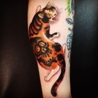 Illustrative style colored forearm tattoo of Manmon cat stylized with human skull by horitomo