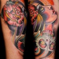 New school style colored forearm tattoo of mystical woman with skull and rose