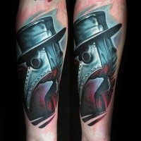 New school style colored forearm tattoo of plague doctor with black hat