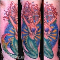 Illustrative style colored arm tattoo of sexy looking mermaid