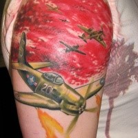 Illustrative style colored shoulder tattoo of WW2 planes