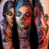 New school style colored arm tattoo of Mexican traditional woman portrait with flowers