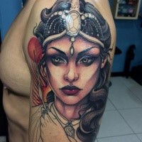New school style colored shoulder tattoo of fantasy woman