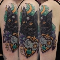 New school style colored shoulder tattoo of fantasy cat with jewelry