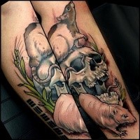 New school style colored arm tattoo of human skull with rats and worms