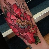 New school style colored arm tattoo of big flower with spaghetti