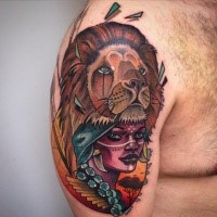 New school style colored shoulder tattoo of tribal woman with lion helmet