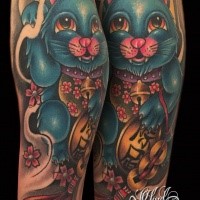 New school style colored shoulder tattoo of maneki neko japanese lucky cat with flowers and fantasy totem