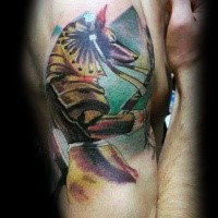 Illustrative style colored shoulder tattoo of big Egypt statue with pyramids