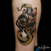 New school style colored leg tattoo of cute dog with snake