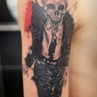 New school style colored shoulder tattoo of skeleton with suit