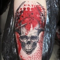 New school style colored arm tattoo of human skull with horns