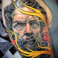 Illustrative style colored shoulder tattoo of ancient statue