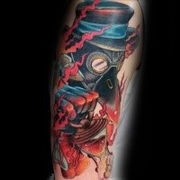 New school style colored shoulder tattoo of burning plague doctor with sand clock