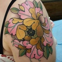New school style colored shoulder tattoo of gorgeous flower