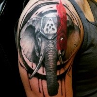 New school style colored shoulder tattoo of demonic elephant with symbols