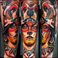 Illustrative style colored arm tattoo of fantasy woman with bear helmet