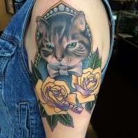 New school style colored shoulder tattoo of cat portrait with roses and lettering