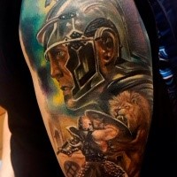 Illustrative style colored shoulder tattoo of ancient warriors with lion