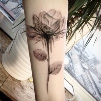 Unusual 3D like black ink forearm tattoo of beautiful flower