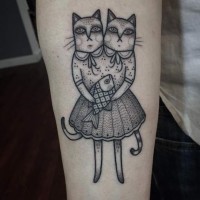 Unusual black ink cat with two heads and fish tattoo on forearm